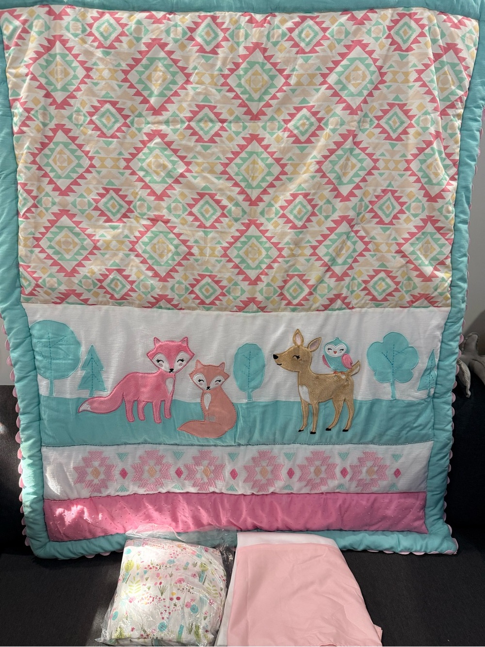 Forest animals 3 piece baby nursery crib bedding set -new